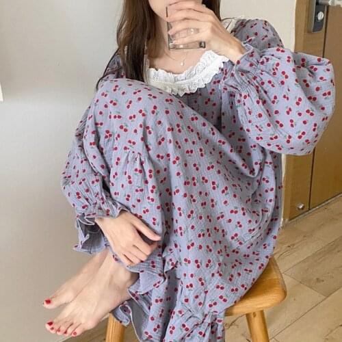 New Cotton Gauze Nightgown Femme Cherry Print Sleepshirts Autumn Ruffle Long Sleeve Sleep Dress Casual Elegant Lace Nightdress