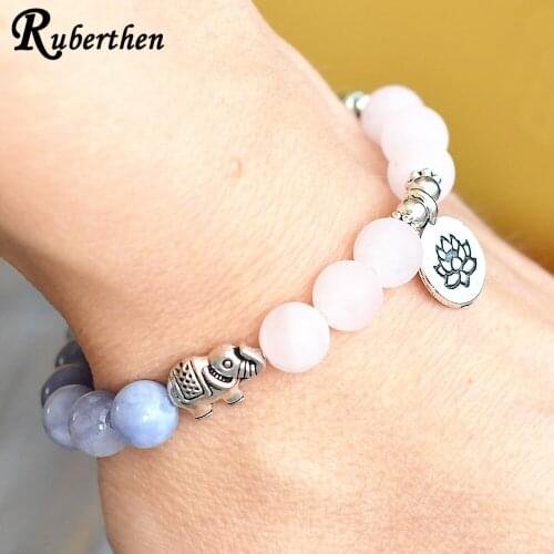 Ruberthen New Design Polished Rose Quart z Bracelet Lotus Ohm Charm Womens Mala Bracelet Fashion Energy Protection Jewelry