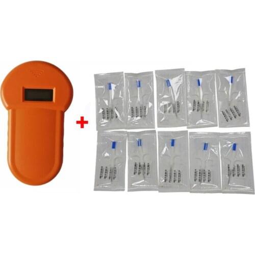 Orange ISO11784/11785 low cost 134.2khz microchip handheld animal rfid tag reader with 10pcs implant tag