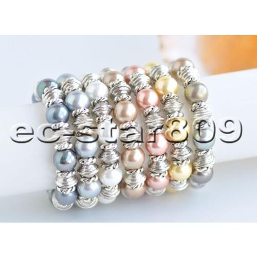 P6563 wholesale 8" Stretch 12mm Round SOUTH SEA SHELL PEARL Bracelet