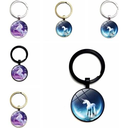 Cartoon Unicorn Badge Glass Cabochon Retro Keychain Charm Car Key Ring Pendant Gift Jewelry Pendant