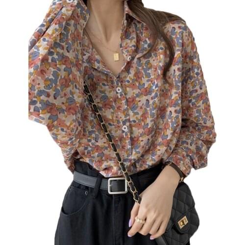 2021 Retro Floral Long-sleeved Shirt Womens Spring Summer Blouse Plus Size Slim Loose Lapel Top Female Blusas Mujer 155b