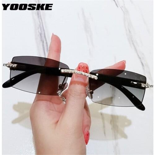 YOOSKE Rectangle Sunglasses Women Men Personality Diamond Sun Glasses Ladies Vintage Rimless Eyewear Trimming Lens Shades UV400