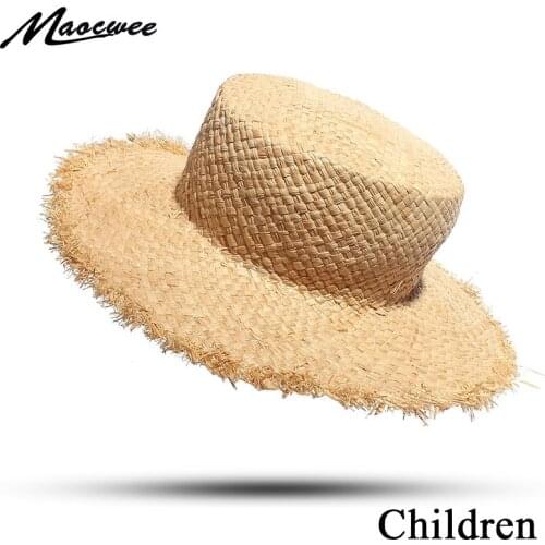 Child boy girl flat top raffia straw straw sun hat summer kids outdoor beach children cute boater beach hat