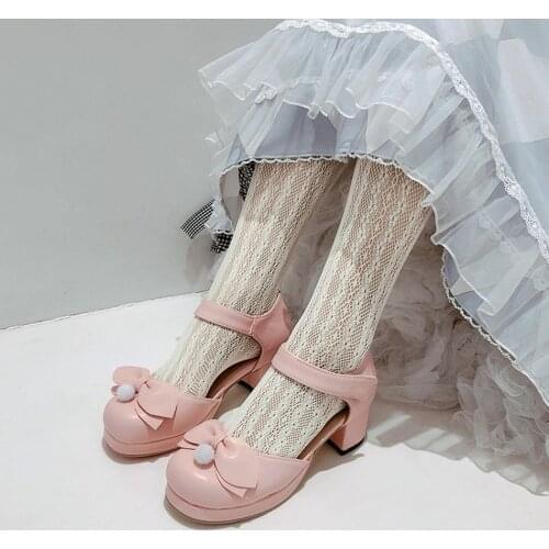 Womens Lolita Mid Heel Round Toe Bowknot Kawaii Cosplay Shoes Plus Size 34-43 Belt Buckle Mary Janes Cute New 2021