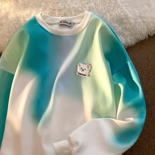 Chic Tie Dye White Sweatshirt Women Bear Head Embroidery Korean Fashion Tops 2021 Autumn New Long Sleeve Plus Size Teens Clothes