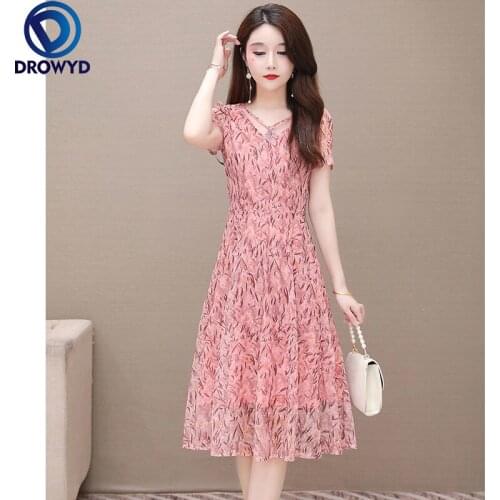 2021 Pink Floral Chiffon Women Dress Female Summer Short-Sleeved V-neck Reduction Dress High-Waist A-Line Ladies Party Vestidos