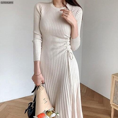 Chic New 2020 Autumn Winter Women Knitting High Waist Drawstring Bottoming Elasticity Ladies Midi Stretchy Bodycon Sweater Dress