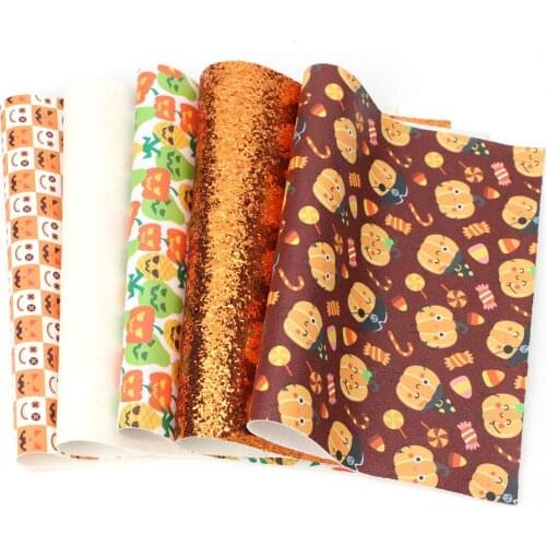AHB 22*30cm 5pcs/set Halloween Synthetic Leather Fabric Printed Faux Leather Sheets DIY Hair Bows Supplies Handmade Crafts