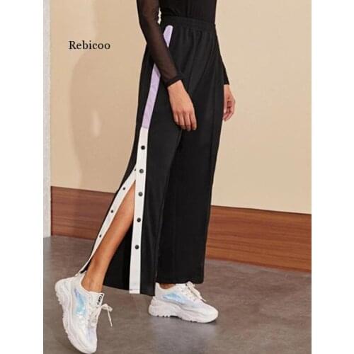 Hip Hop Sweatpants Female Button Pants For Women Loose Split Womens Sports Pants Elastic Waist Trousers Women Streetwear