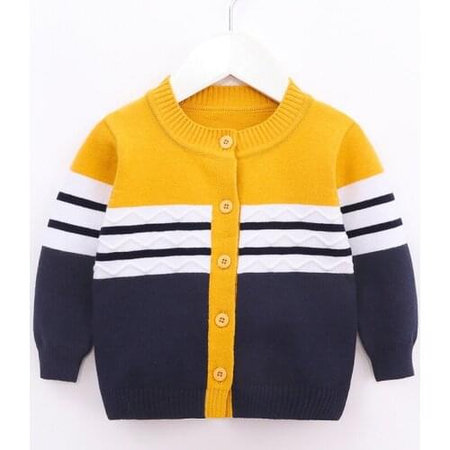 Children Autumn Winter Sweater Baby Boys Button Sweater Long Sleeves Striped Print Casual Round Collar Sweet Tops