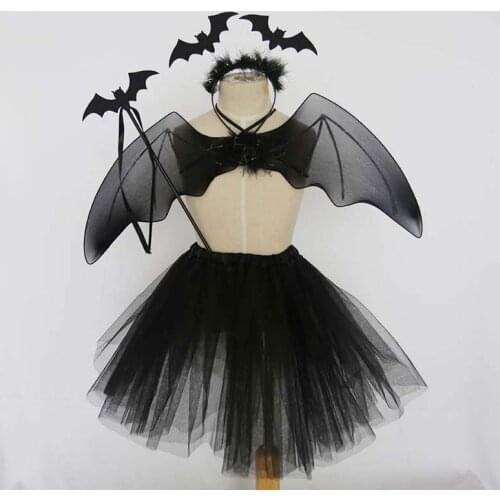 Halloween Costume for Kids Girl Bat Wings Skirt Dress Black Hells Angel Devil Party Queen Wings Headband Wands
