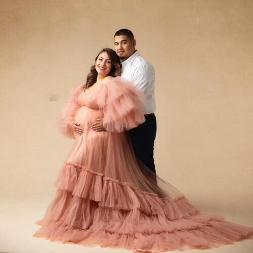 A-Line Ruffled Tulle Long Maternity Dresses Women Elegant Off Shoulder Tiered Pleated Ruffles Party Gowns Plus Size