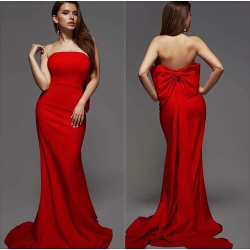 Elegant Long Satin Red Prom Dresses with Bow Zipper Back Floor Length Strapless Robe De Soiree Formal Party Gown