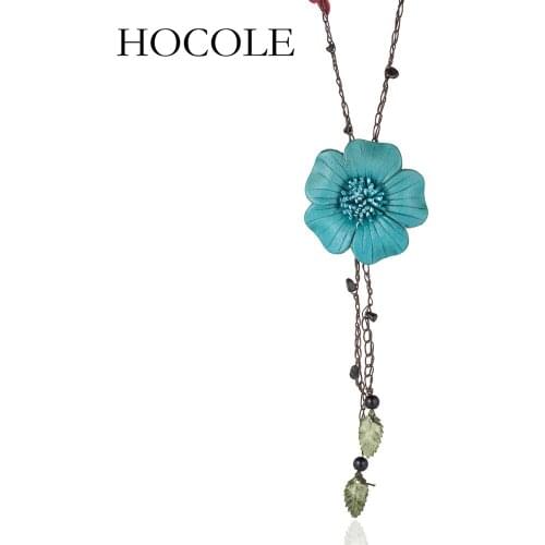 HOCOLE 2018 New 6 Colors Leather Flower Leaves Pendant Necklace Bohemian Natural Stones Long Chain Maxi Necklaces For Women
