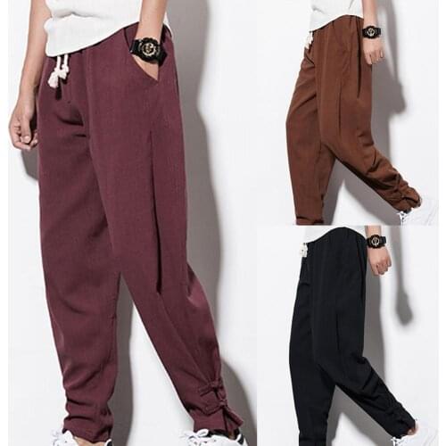 75% New Arrival!!! Casual Men Drawstring Pockets Ankle Tie Cotton Linen Plus Size Loose Harem Pants