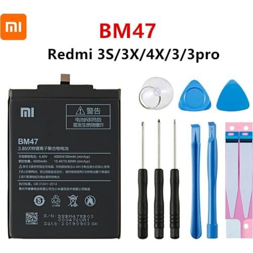 Xiao mi 100% Orginal BM47 4100mAh Battery For Xiaomi Redmi 3S 3X Redmi 4X Redmi 3 / 3pro BM47 Phone Replacement Batteries +Tools