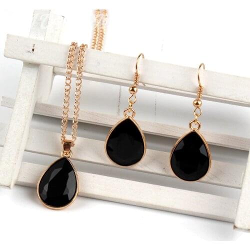 1 set Rose Gold Water drop Pendant Necklace & earrings Fashion Jewelry black