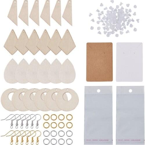 Pandahall 80pcs/set DIY Earring Makings Blank Natural Wood Pendants Jump Rings Earring Hooks Display Cards for Jewelry Making