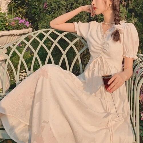Vintage Elegant Solid Fairy Dress Women French Kawaii Sweet Short Sleeve Midi Dress Cute Holiday Lace V Neck Korean Dress 2021