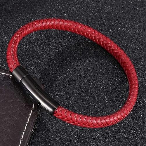 Simple 6mm Red Leather Braided Bracelets Unisex Fashion Jewelry Stainless Steel Snaps Accessories Weave Bangles Gifts ST0463