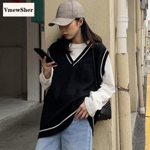 VmewSher New Women Vest Color Block Patchwork Korean Style V-neck Knitted Sweater Casual Student Sleeveless Female Vintage Vest