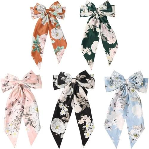1PC Vintage Big Large Satin Bow Hair Clip For Women Girls Floral Stripes Long Ribbon Korean Hairpins Barrette Hair Accessories