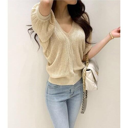 Korean Fashion Pink Loose Knitted T Shirt Women 2021 Summer Office Lady Short Batwing Sleeve V-Neck Chic Sweater Tops Femme