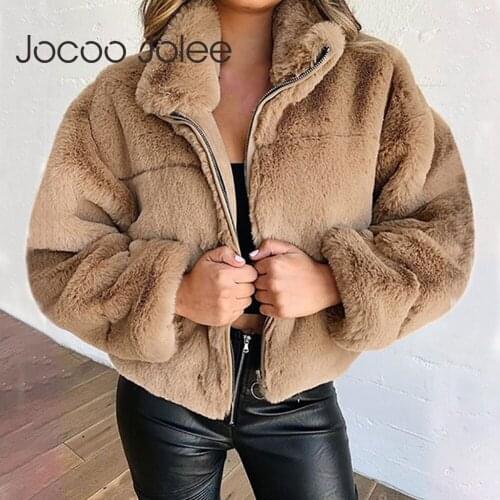 Jocoo Jolee Elegant Plush Crop Jacket Women Casual Faux Fur Coat Winter Tuerleneck Zipper Thicken Warm Outwear Vintage Cardigan