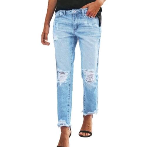 Women Chic Fashion Ripped Hole Jeans Ripped Tassels Pockets Summer Solid Color Distressed Trousers Streetwear Female Trousers