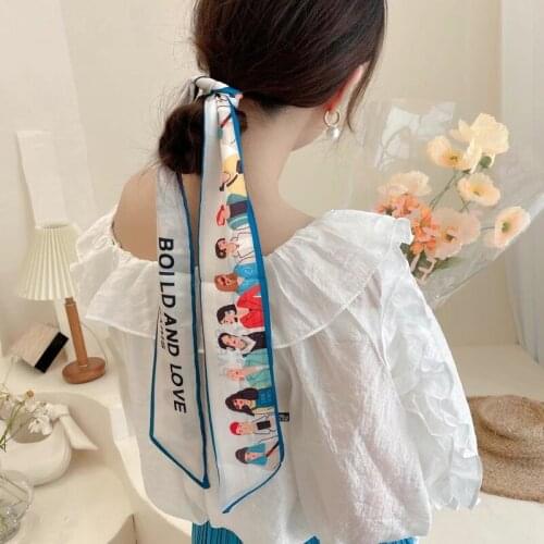 Luna&Dolphin Women Narrow Long Skinny Scarf 96x6cm Blue Flower Print Chiffon Silky Tie Bag Ribbon Headbands Choker Streamer