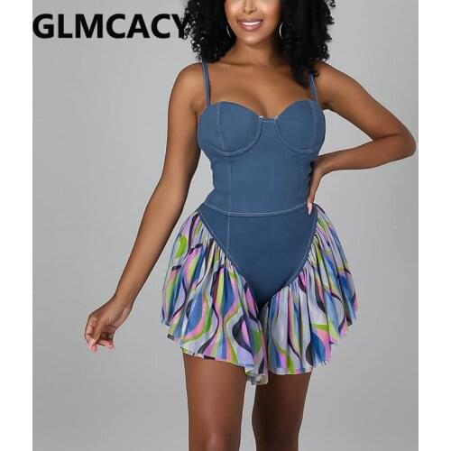 Women Spaghetti Strap Sleeve Splicing Denim Mini Dress