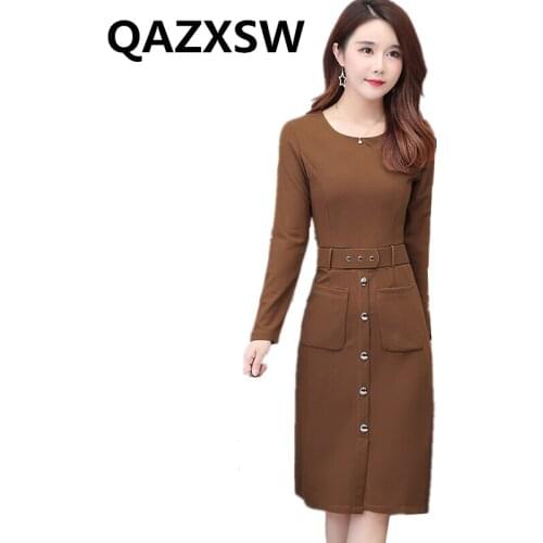 2019 Spring Dress Autumn Long-sleeved Round Collar Large Size Slim Thin Fashion Office Lady Temperament Solid Women Dress ZW023