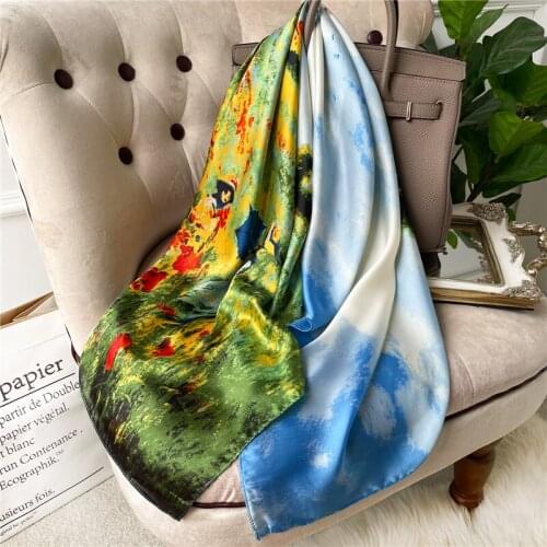 2021 Silk Satin Women 90*90cm Scarf Hijab Fashion Print Girl Shawl Wrap Muslim Headscarves Handle Bag Towel Foulard Bandana