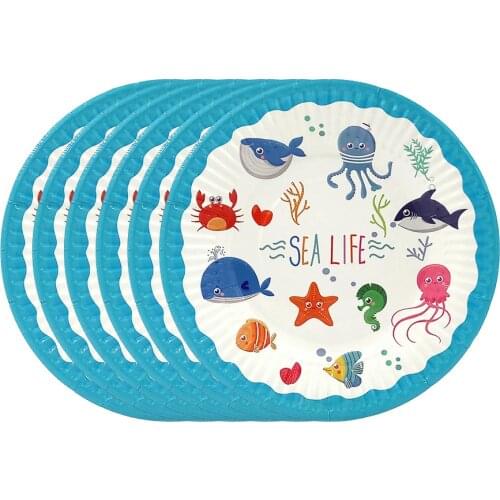6pcs Dessert Plate Dishes With Food Film For Kids Children Sea Life Marine Animal Fish Theme Party Supplies Disposable Tableware
