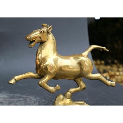 8.1"Chinese Bronze Gild Lovable Zodiac Animal Horse Step On Flying Wallow Statue