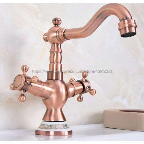 Antique Red Copper Double Handle Bathroom Kitchen Faucet Swivel Spout Vessel Sink Mixer Tap Deck Mounted Bnf622