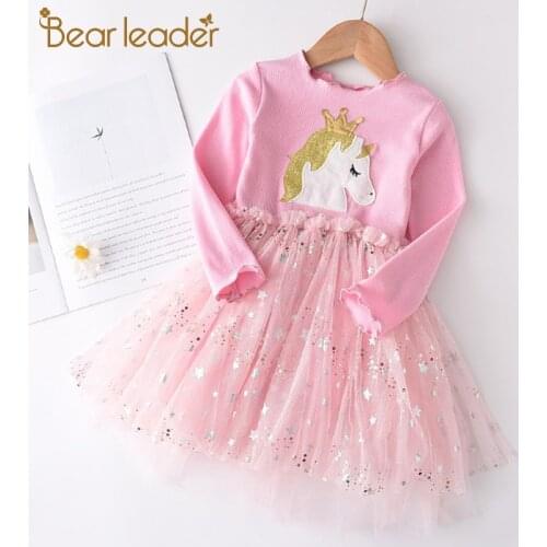 Bear Leader Girls Casual Cartoon Cute Dresses 2021 New Autumn Girl Sequined Dress Kids Baby Party Mesh Costumes Children Clothes