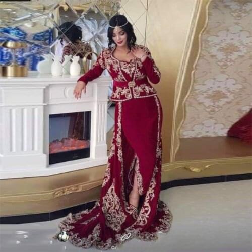 Burgundy Mermaid Moroccan caftan Evening Dress Elegant V Neck Long Sleeve Applique Prom Gown Formal Dress Custom Made Fashion