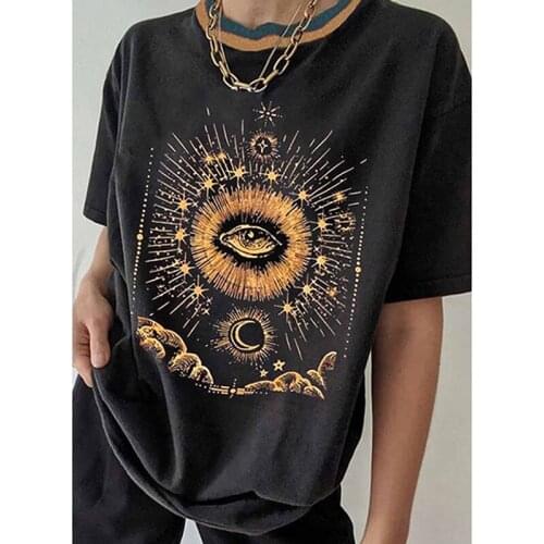 Harajuku Black Graphic T Shirt Oversize Femme Women 2021 Summer Vintage Eyes Star Moon Print Tee Shirt Casual Loose Tops Tshirts