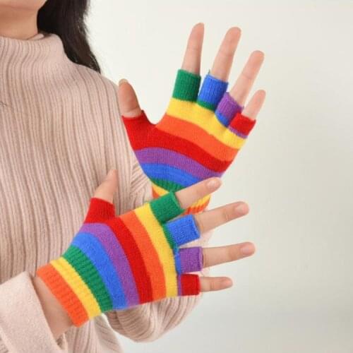 Kids Winter Knitted Full Half Finger Gloves Rainbow Colorful Striped Mittens