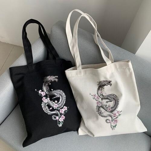 Gothic dragon canvas bag Harajuku hip-hop womens shoulder bag casual large-capacity Vintage cartoon handbag dark shopper bags
