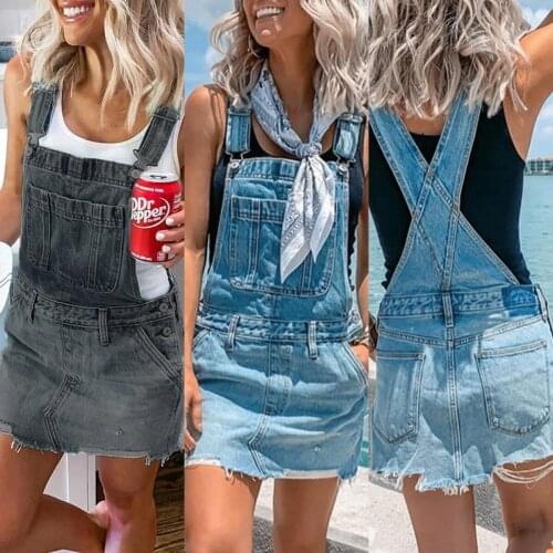 Summer Woman Strap Dress Skirts Ladies Denim Suspender Skirt Slim Big Pocket Suspender Print Bust Denim Overalls Skirt