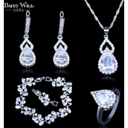 Trendy Attractive Australia White Crystal Water Drop CZ Crystal Silver Color Bracelets Jewelry Set For Women