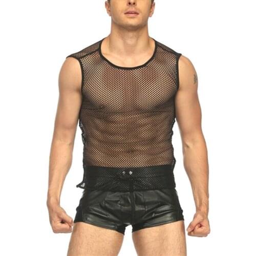 Gay Fetish Lingerie for Men Undershirt See Through Fishnet Shirt Sleeveless Hollow Out Seamless Underwear Male Sleepwear Tank