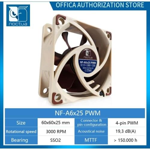 Noctua NF-A6X25 60x60x25mm 12V/5V 3pin/4pin PWM Intelligent Temperature Control SSO Magnetically Stable Bearing 6CM Fan