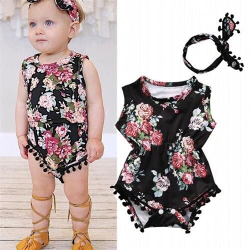 0-24M Newborn Baby Girls Sleeveless Floral Romper+Headband Sunsuit 2PCS Outfit Clothes
