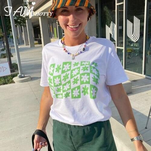 Casual Harajuku Flower Plaid Printed y2k Oversize T-shirt Women Vintage Summer Short Sleeve Basic Cotton Tee Tops 2021 Iamhotty