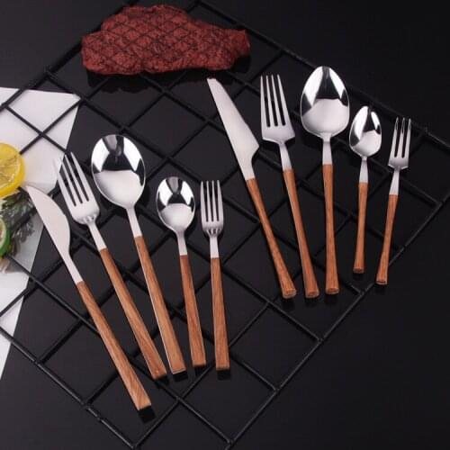 Luxury Wooden Handle Tableware Western Steak Knife And Fork Coffee Dessert Spoon 430 Stainless Steel High Quality Cutlery