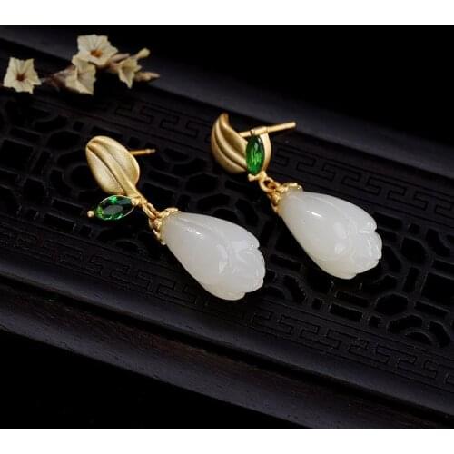 Natural Hetian White Magnolia Earrings Chinese style retro creative light luxury elegant romantic womens Winter Christmas gift